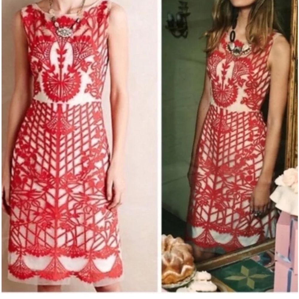 Anthropologie Elegant Red Lace Dress with Sheer Neckline. Size 6.